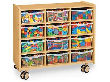 a wooden toy storage unit filled with lots of colorful plastic bins and toys on wheels