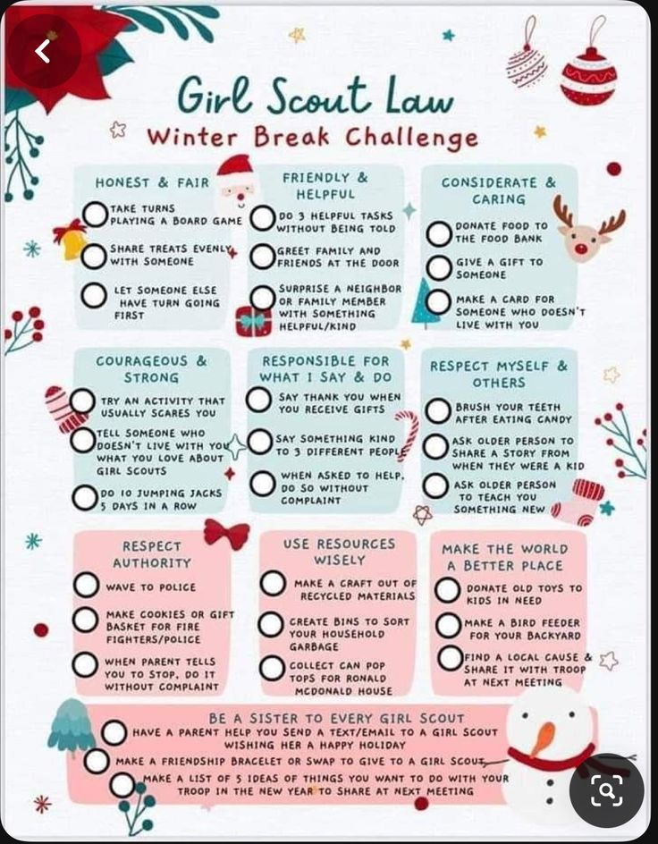 the girl scout's winter break challenge is shown in this graphic style, with instructions for