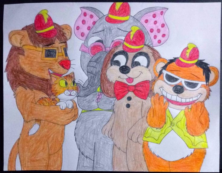 a drawing of three cats and two dogs wearing hats, one is holding a cat