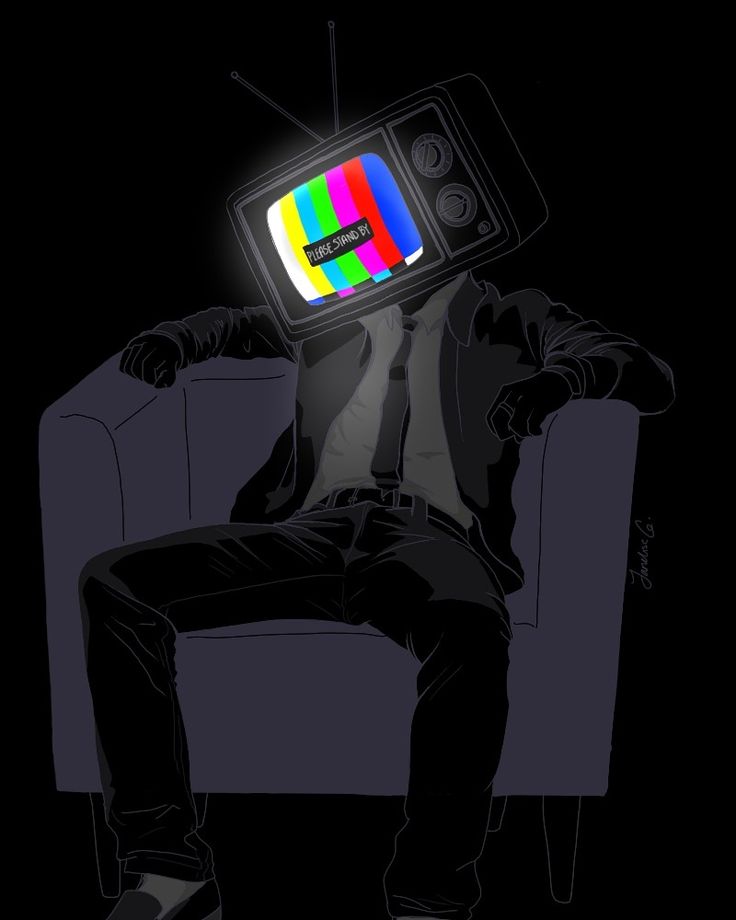 a man sitting in a chair with a tv on his head and the television is lit up