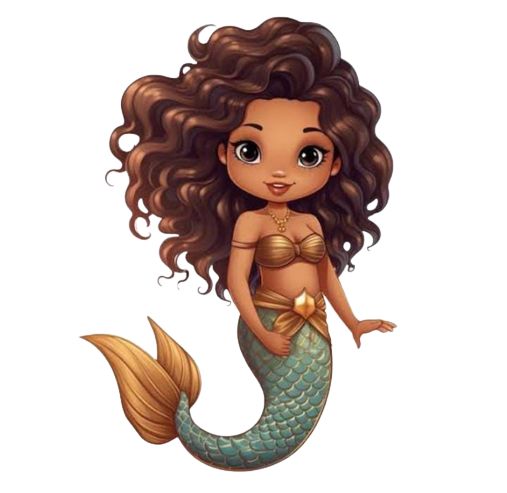 a cartoon mermaid with long hair and big eyes sitting on the back of it's tail