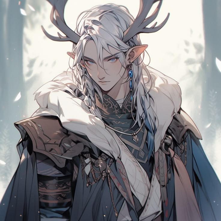 an anime character with white hair and antlers on his head, standing in the woods