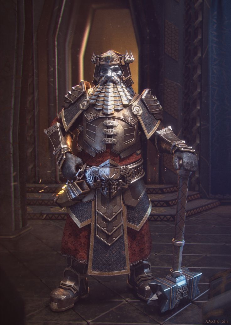 a man dressed in armor and holding a hammer