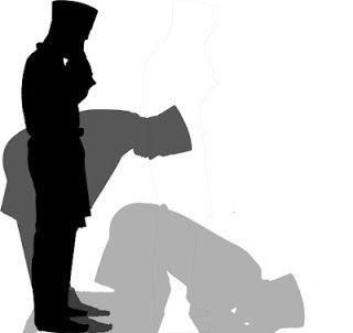 two people standing next to each other in silhouettes on a white background, one holding the leg of another person