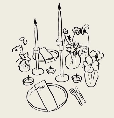 a black and white drawing of a table setting with flowers, candles, plates and napkins