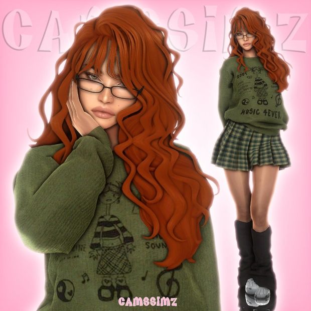 a girl with long red hair and glasses is wearing a green sweater that says gaussinz