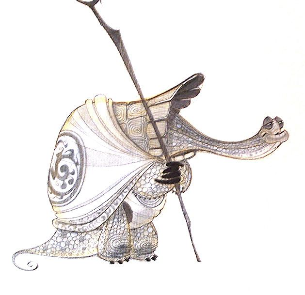 a drawing of a person dressed as a dragon holding a spear and wearing a white dress