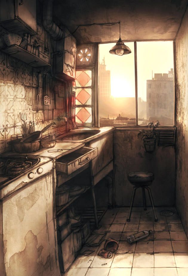 a dirty kitchen with the sun shining through the window