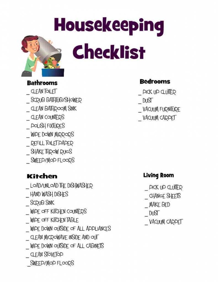 the house keeping checklist is shown in purple and white, with an image of a woman