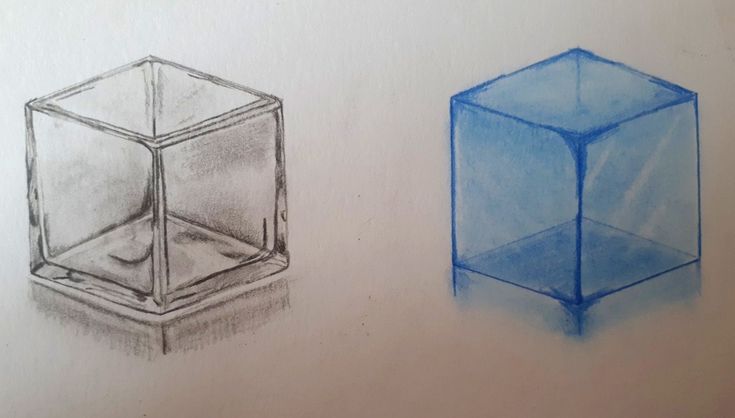 two colored pencil drawings of cubes one is blue and the other is clear with water