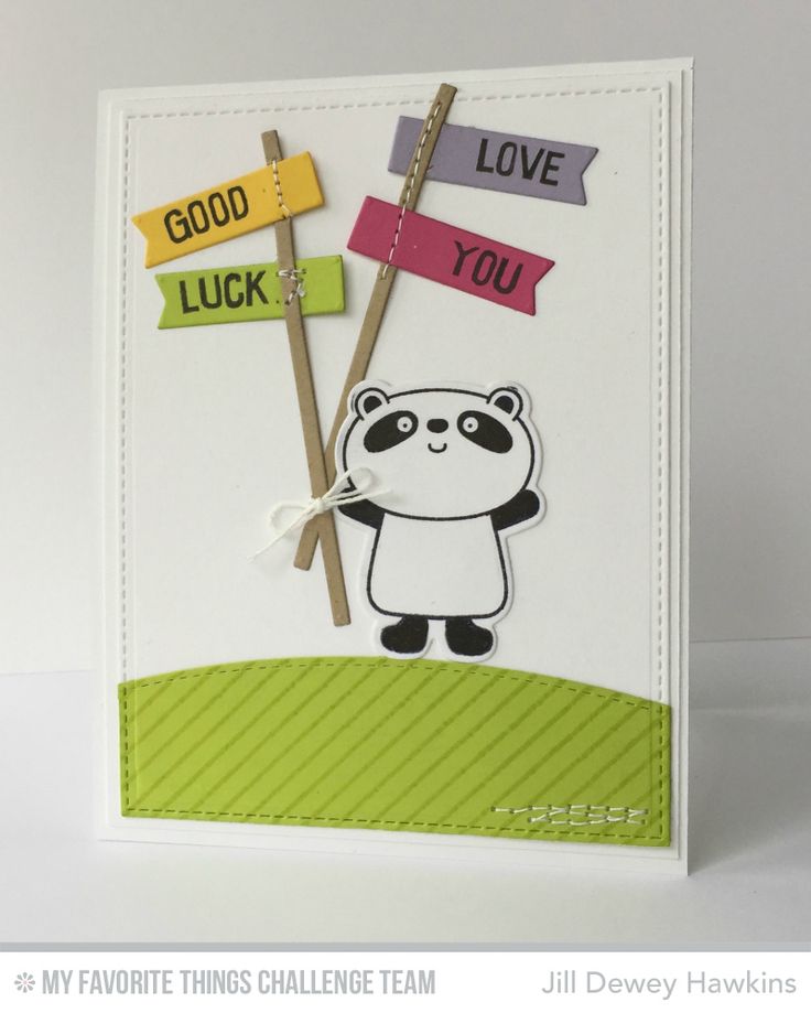 a handmade card with a panda holding a sign that says good luck, love you