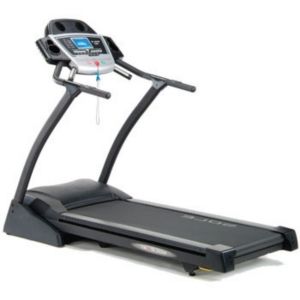 a treadmill with an electronic display on the front and back wheels, sitting upright against a white background