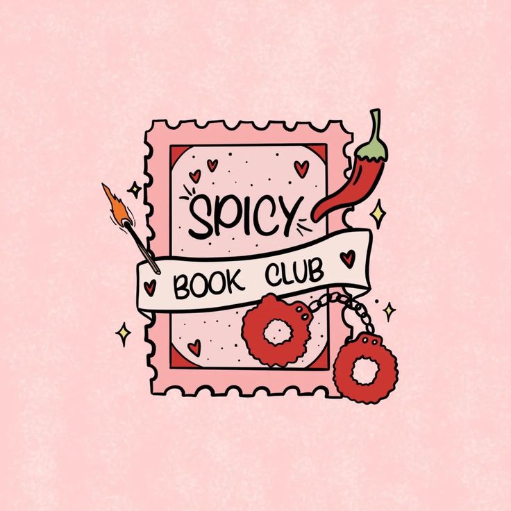 the book club logo is shown on a pink background with red flowers and a ribbon