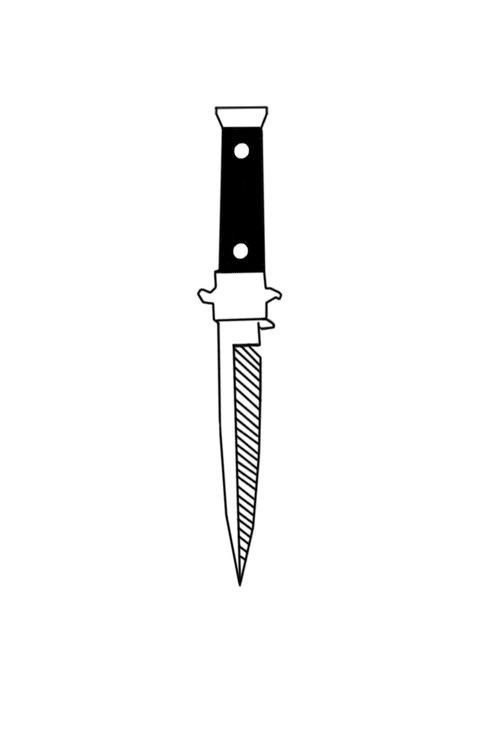 a black and white drawing of a knife with a sharp blade sticking out of it