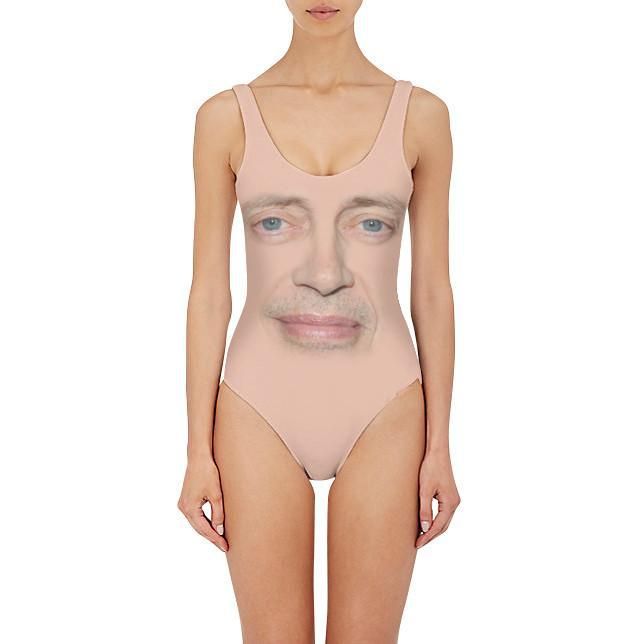 a woman wearing a pink bodysuit with an image of a man's face on it