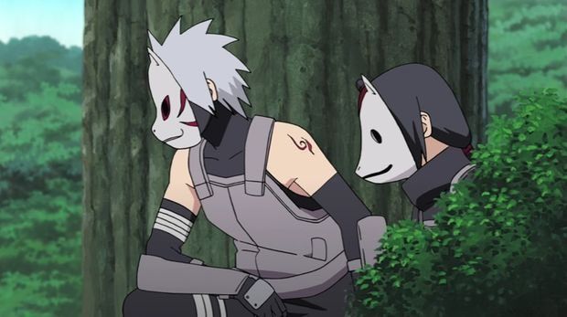 two anime characters standing next to each other in front of a forest filled with trees