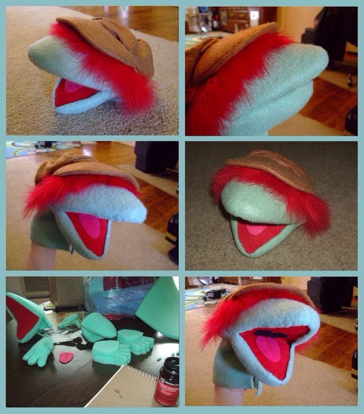 several pictures of the same animal's head with red hair and green gloves on