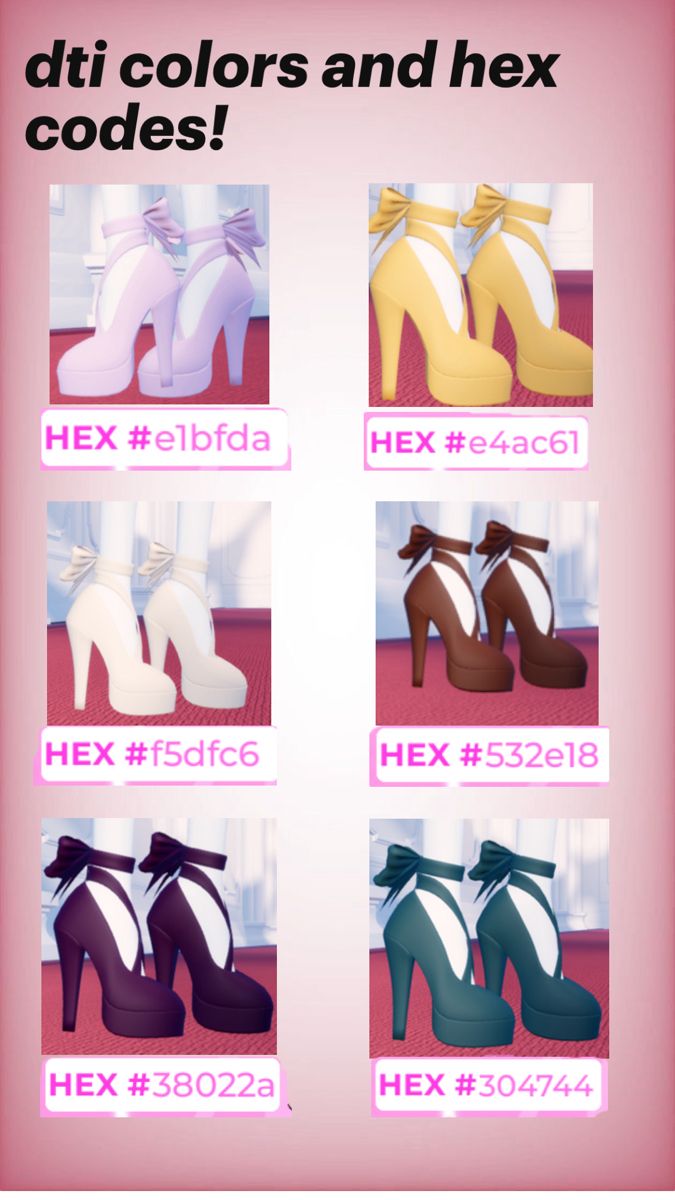 different types of high heeled shoes are shown in this image with the words, diy colors and hex code