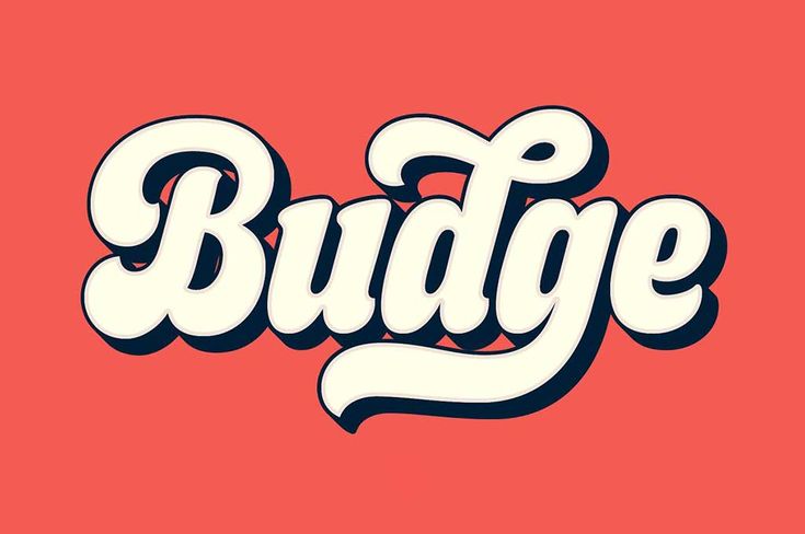 the word budge on a red background with white and blue lettering in bold font