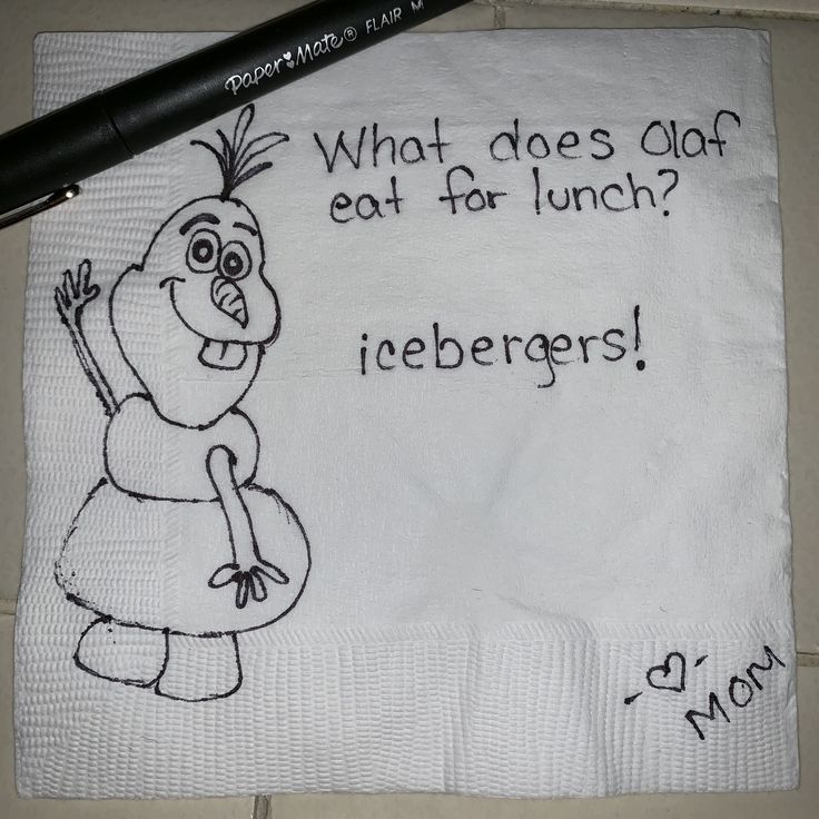 a napkin with a drawing of a cartoon character saying what does olad eat for lunch? i iceburgers