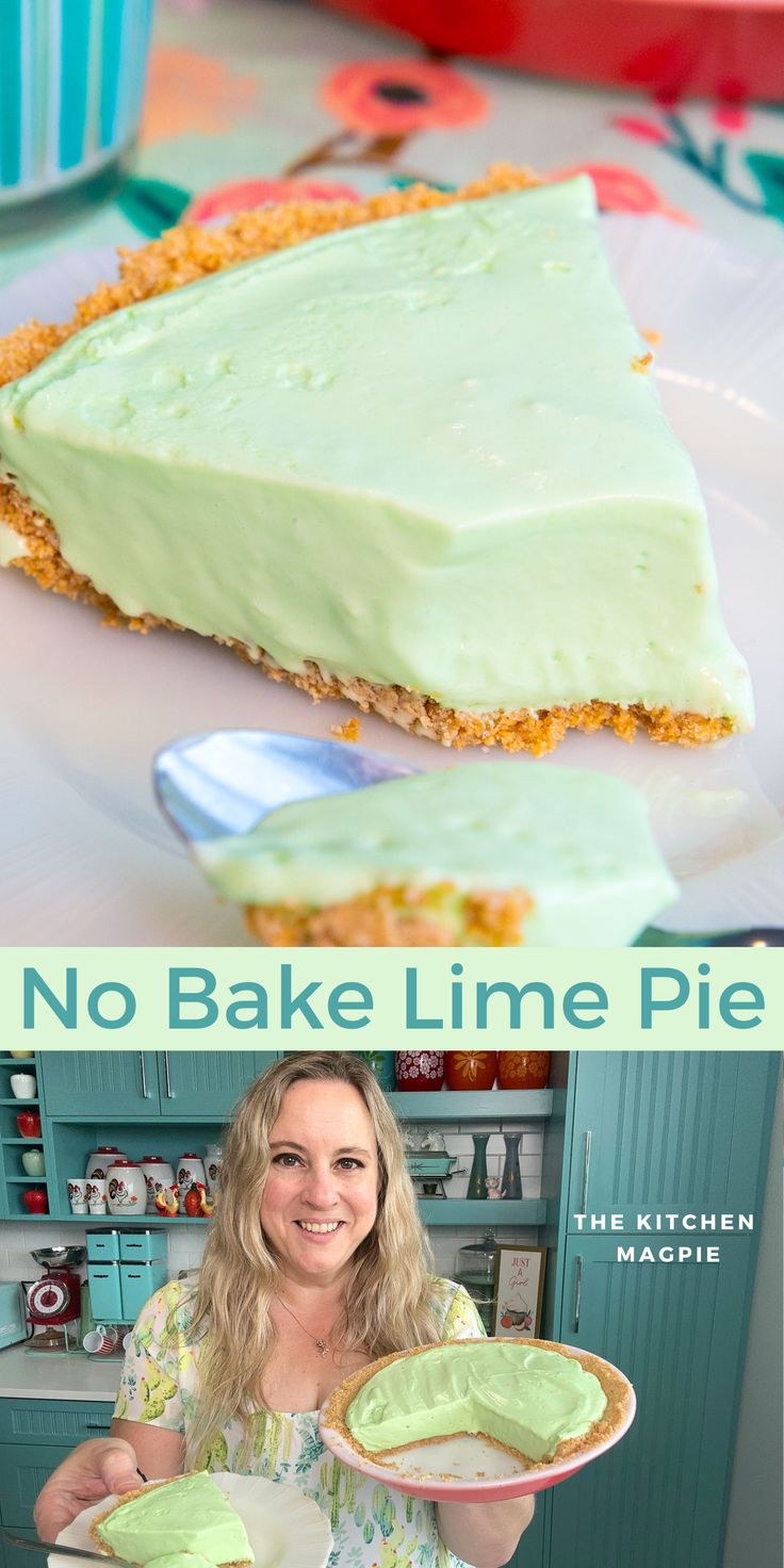 there is a woman holding a plate with a pie on it and another photo of the same pie