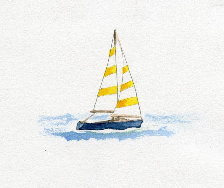 a watercolor painting of a sailboat with yellow and white stripes on the sails