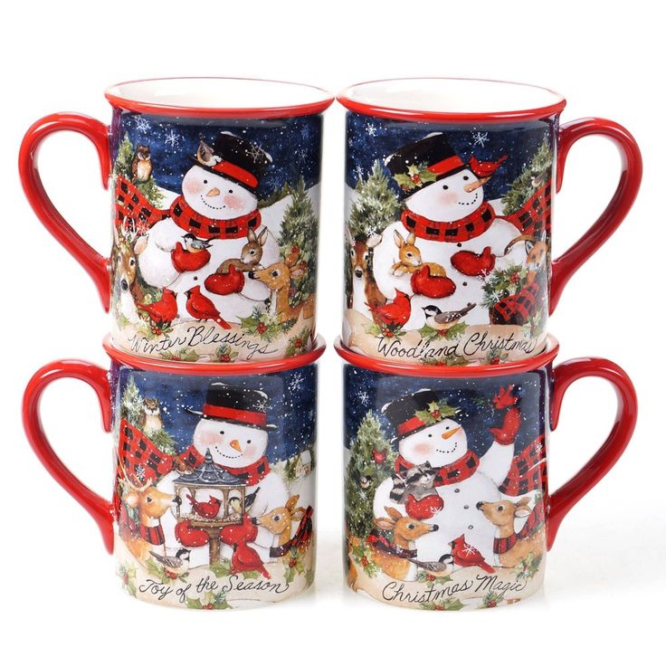 four christmas mugs with snowmen and dogs on them, all decorated in red