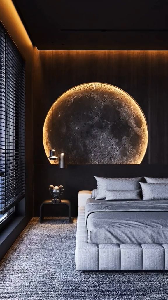 a bedroom with a large moon on the wall above the bed and window sill