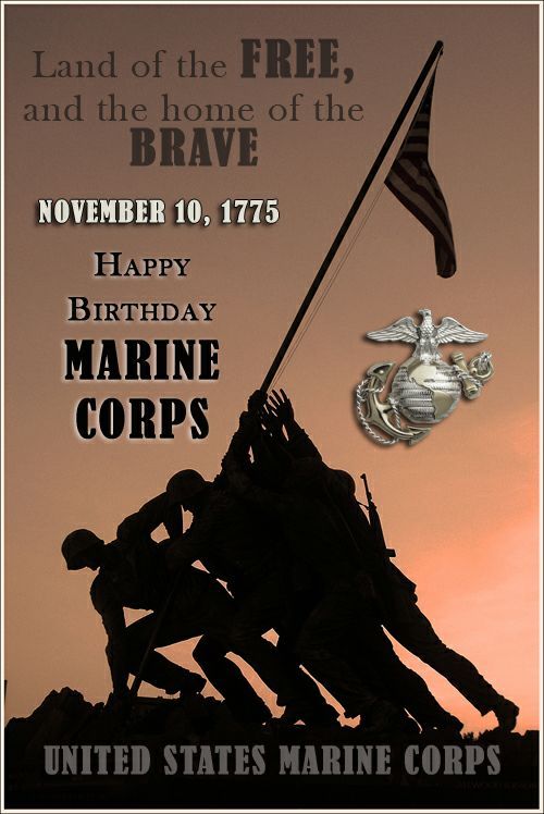 an image of marines raising the flag on top of a hill with text that reads, land of the free, and the home of the brave november 10, 1917 happy birthday marine corp