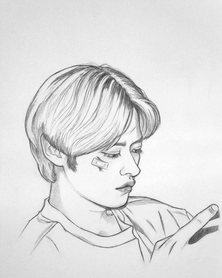 a pencil drawing of a boy with his hand on his shoulder looking down at something