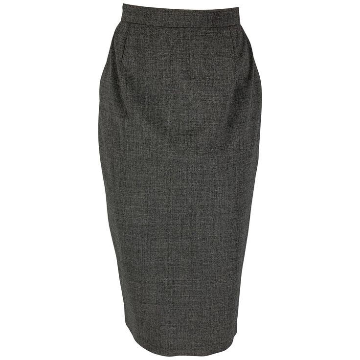 MOSCHINO COUTURE skirt comes in a grey wool / polyamide featuring a pencil style, 'secrets' slit design, and a back zip & button closure. Made in Italy. Very Good Pre-Owned Condition. Marked: I 10 / D 36 / F 36 / GB 8 / USA 6 Measurements: Waist: 26 inches Hip: 35 inches Length: 29 inches Reference: 119458 Category: Skirt More Details Brand: MOSCHINO Gender: Female Size: 6 Color: Grey Fabric: Wool/Polyamide Pattern: Heather Skirt Length: Mid-Calf Age Group: Adult Couture Skirts, Mid Calf Skirt, Moschino Couture, A Pencil, Grey Fabric, Skirt Length, Mid Calf, Moschino, Crayon