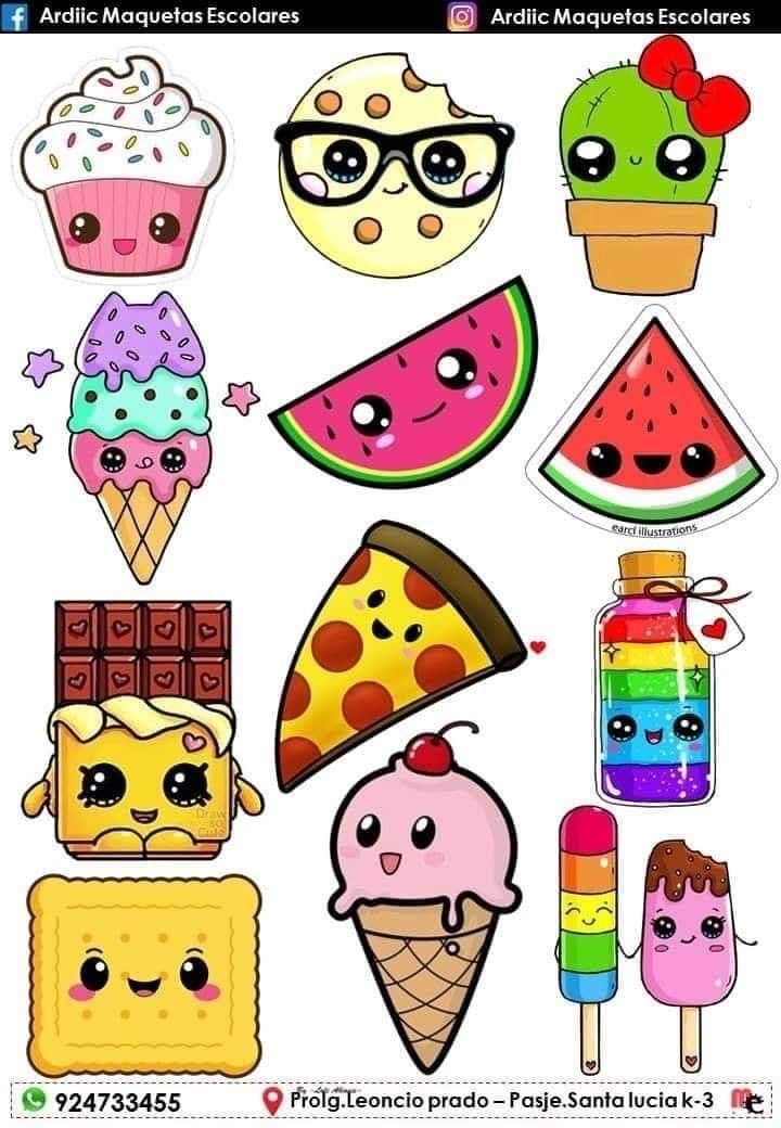 an assortment of cartoon ice creams, watermelon, and other food items