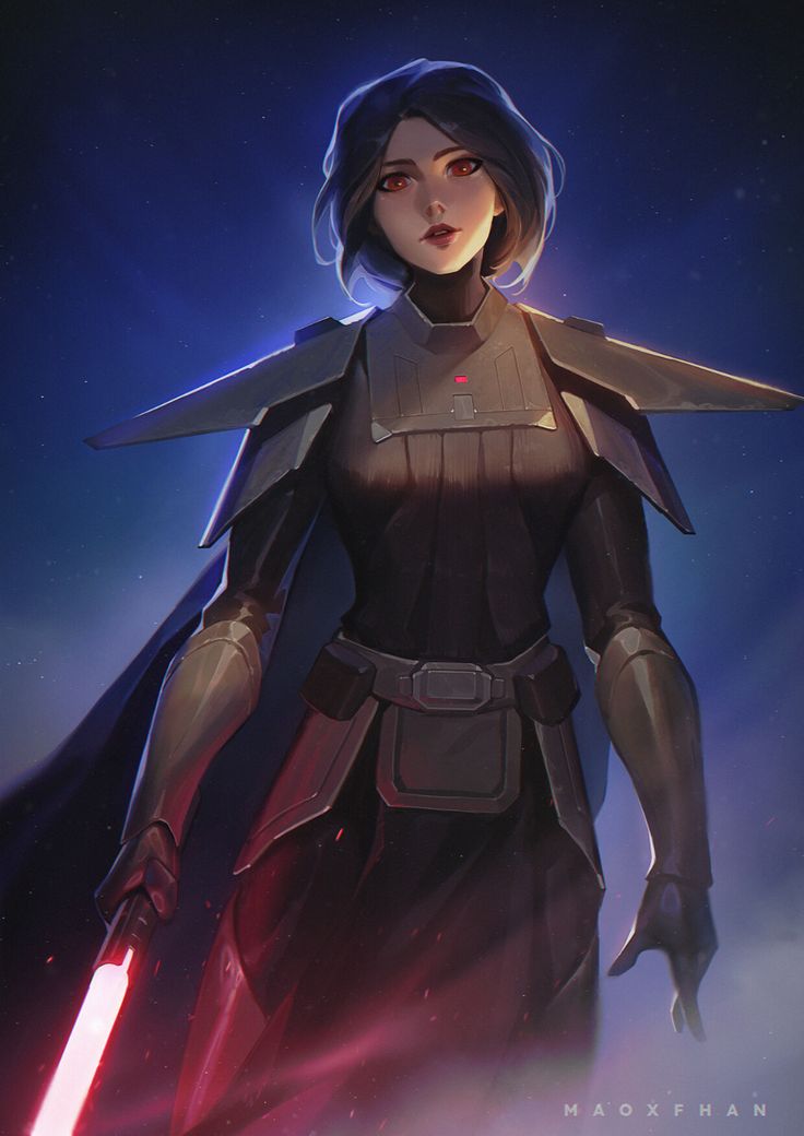 a character from star wars the old republic holding a light saber in her hand and looking at the camera