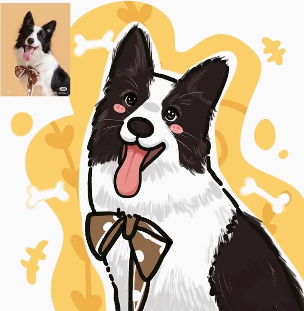 a drawing of a dog with its tongue hanging out and an image of a border collie in the background