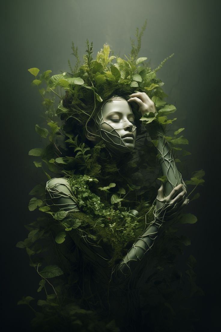 a woman is surrounded by green plants and leaves, with her hands on her head