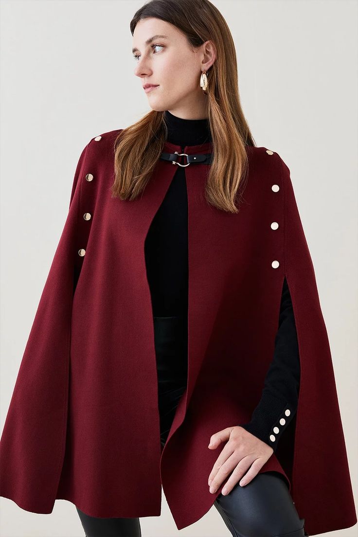 Military Knit Cape | Karen Millen Elegant Fall Poncho For Workwear, Elegant Fall Workwear Poncho, Elegant Fall Poncho For Work, Elegant Cape Poncho For Work, Chic Fall Poncho Cape, Elegant Fall Cape With Buttons, Elegant Fall Poncho Cape, Chic Capelet For Workwear, Elegant Winter Workwear Capelet