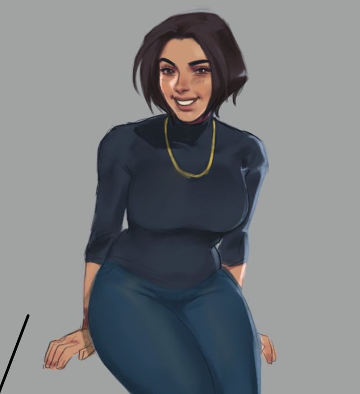 a drawing of a woman in blue pants and a black top with her hands on her hips