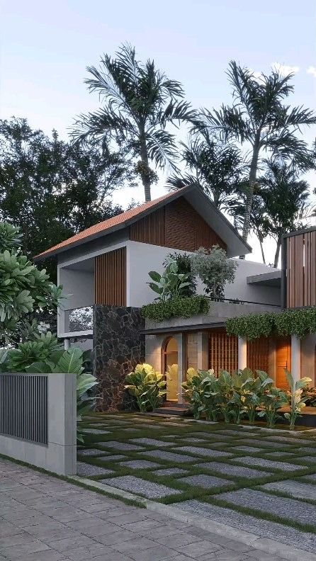 an artist's rendering of a modern house in the middle of trees and bushes