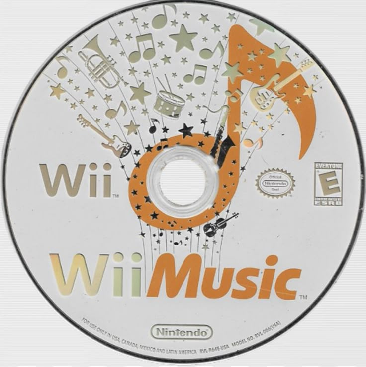 wii music cd disc with musical symbols on the disc and words written in orange, white, and black