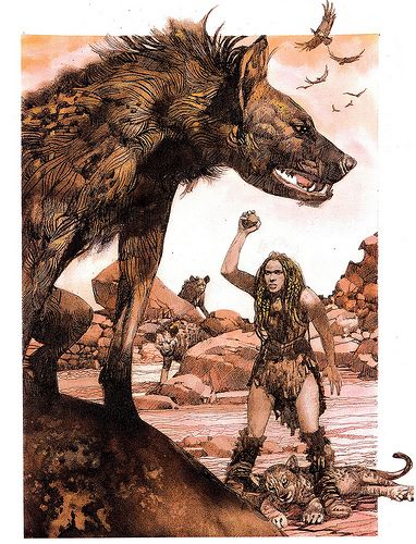 an image of a woman standing in front of a wolf with her hand up to the ground