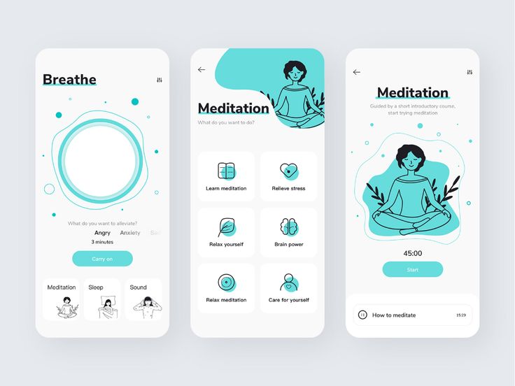 three smartphone screens showing meditation and meditation app designs, with the text breathe meditation on them