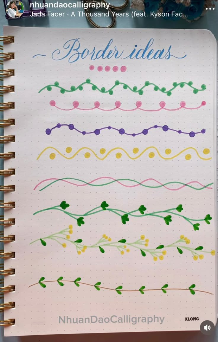 an open notebook with different colored lines on the cover and writing in blue, green, yellow