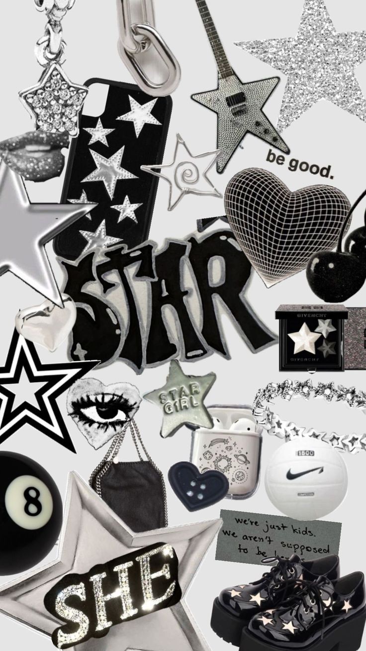 a collage of various items that include stars, letters and other things in black and white