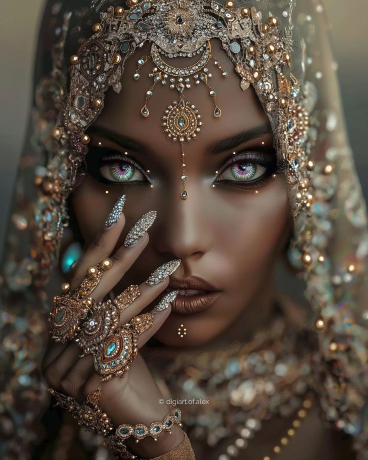 a woman wearing a veil and holding her hands to her face with jewelry on it