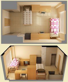 two pictures of the same room in different rooms, one with a bed and another with a desk