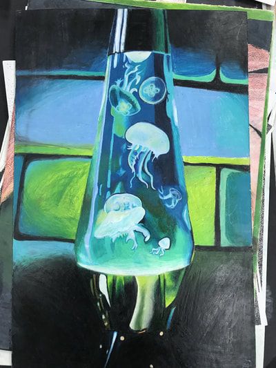 a painting of jellyfish in a glass bottle on a black background with green and blue colors