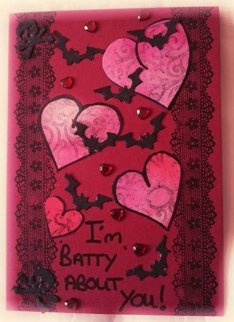 valentine's day card with red and black paper hearts on the front, i'm batty about you