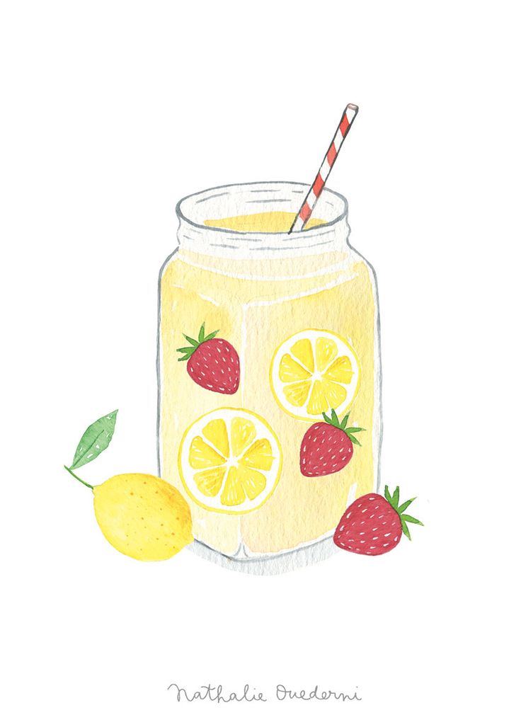 a watercolor drawing of a lemonade drink with strawberries and lemons on the side