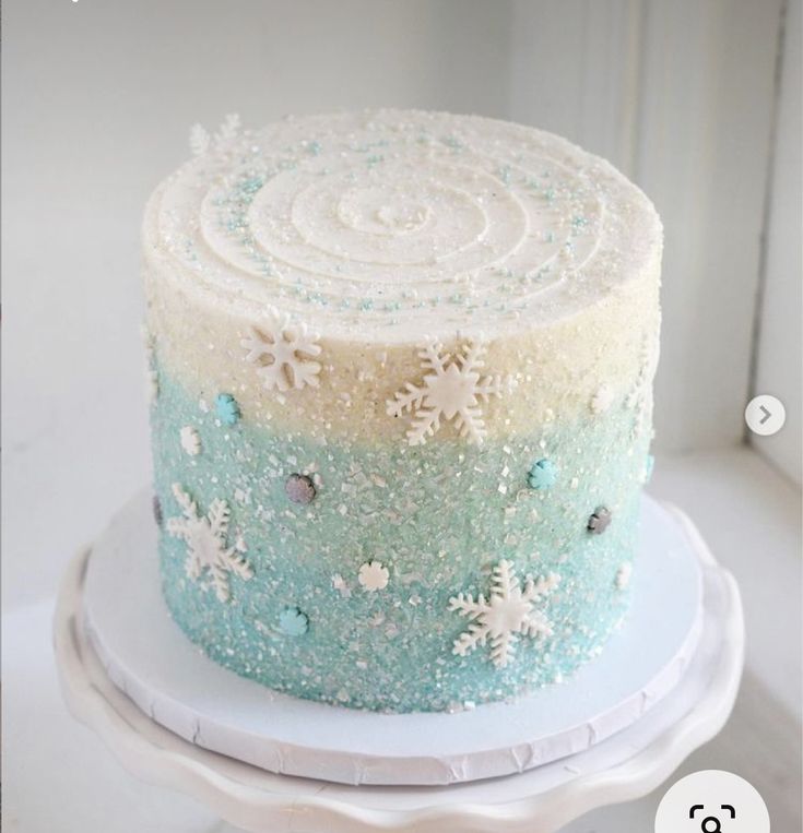 a frosted cake sitting on top of a white plate covered in snowflakes