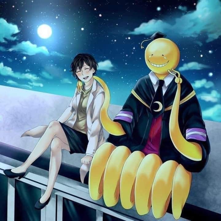 two anime characters sitting on a balcony at night